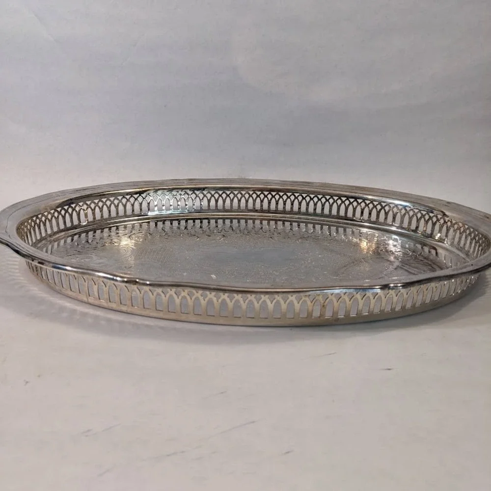 Vtg Oneida Silver Plated Oval Serving Tray Etched Floral Pierced Gallery Rim 15